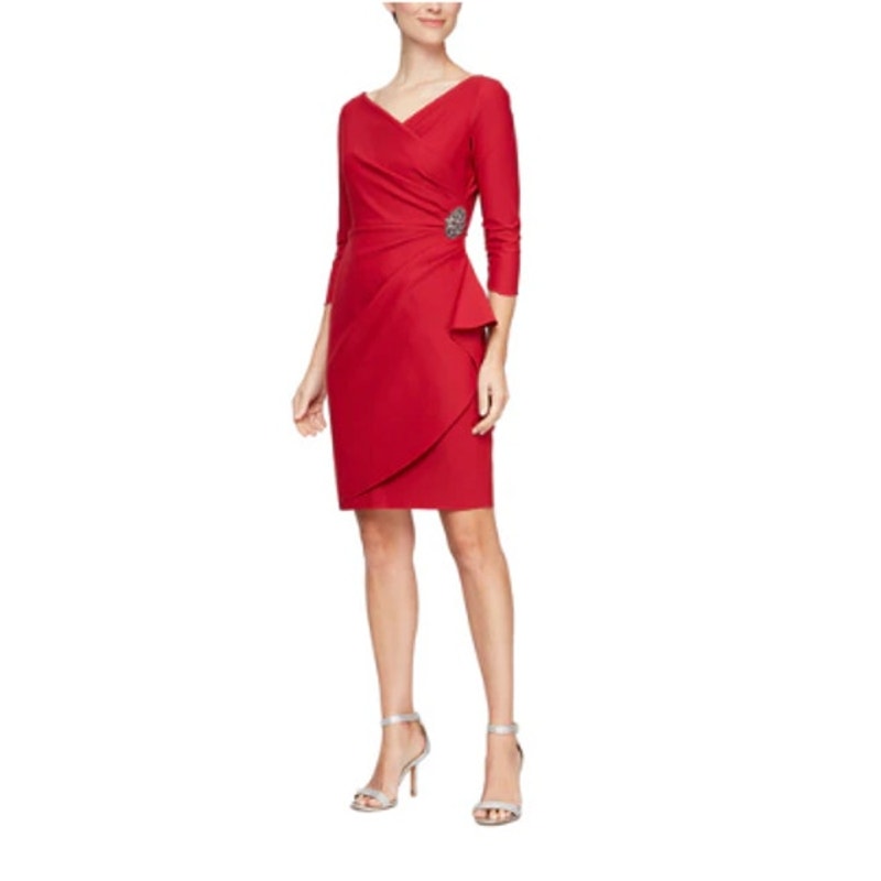 Alex Evenings Diana Cascade Ruffle Sheath Contour Dress Deep Red 8 Nwt Elegant